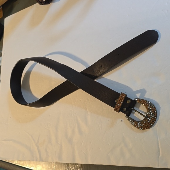 Womens Sparkle Bling Crystals Brown Leather Belt Sz.M/L - Picture 3 of 6